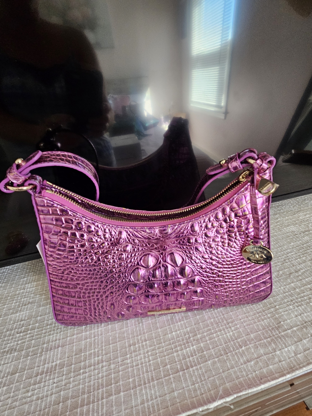 Brahmin Metallic Magenta Opera Esme Croc-Embossed Shoulder Bag New